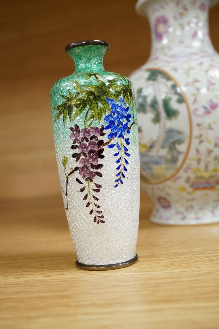 A Chinese famille rose vase, a powder box and an enamelled vase, largest 21cm high